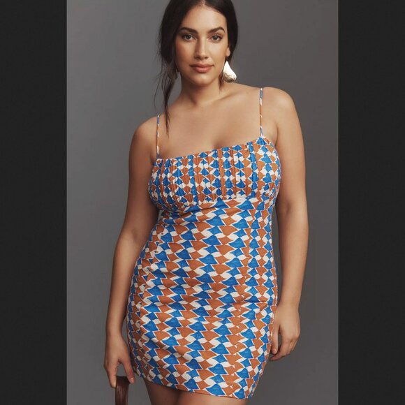 Anthropologie Maeve Ophelia Sleeveless Linen Mini Dress Blue & Orange Sz 20 NEW - Picture 1 of 8